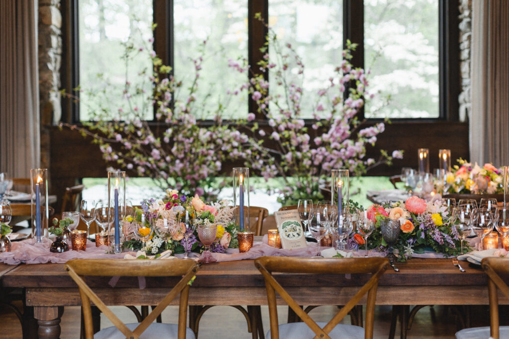 Colorful tablescape for spring wedding at Blue Hill at Stone Barns, Long Island NY Florist